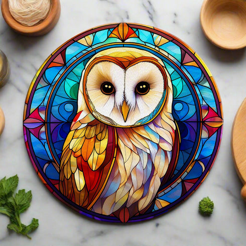 Bernadette Barn Owl Circular Glass Suncatcher Worktop Saver